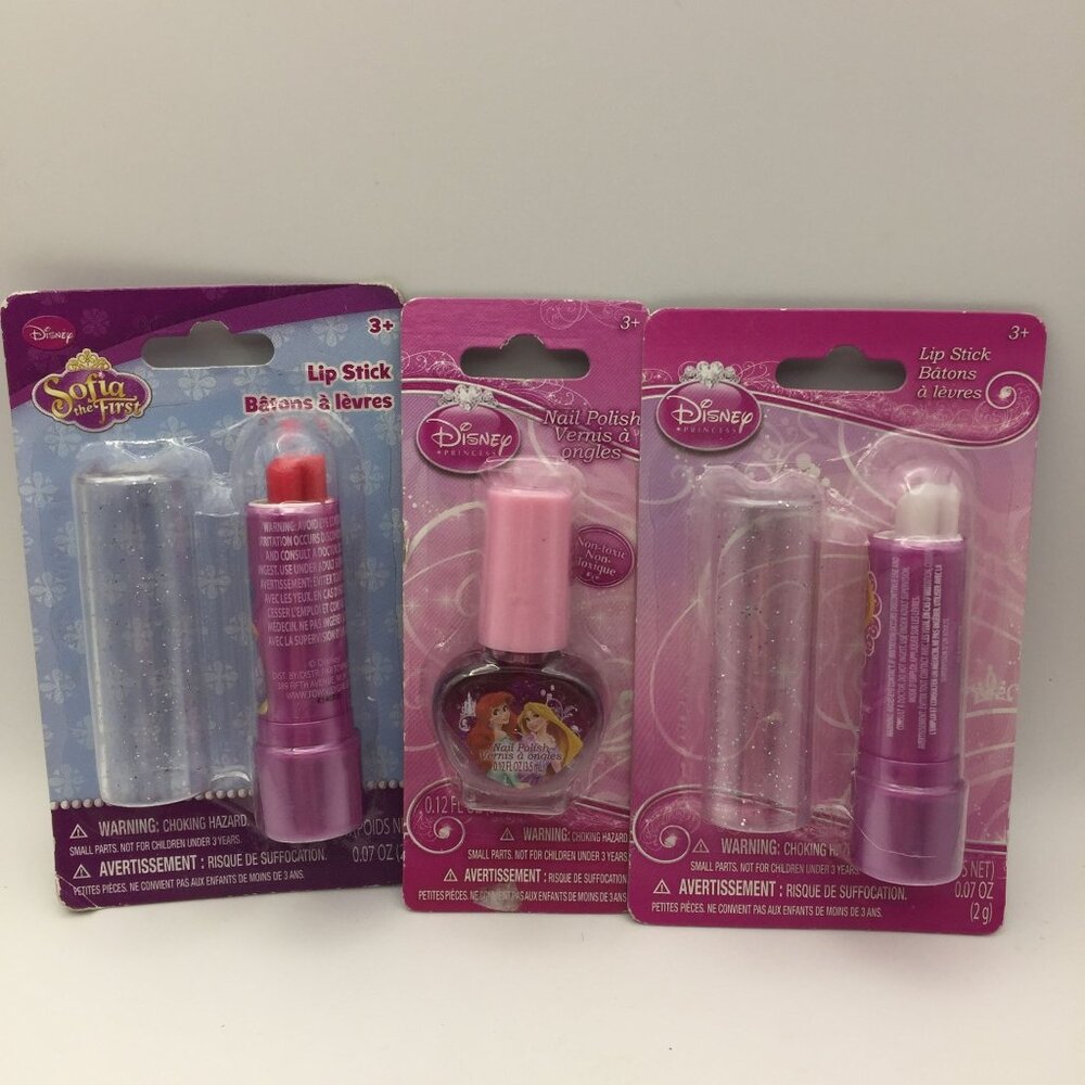 Disney Princesses 3 Pc Set Lip Stick Nail Polish Sofia the First Ariel Rapunzel